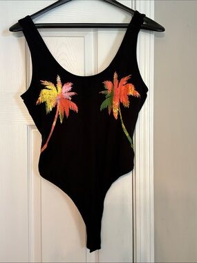 Guess Black Body Suit with Bright Palm Trees Logo Size Large Snap Closure